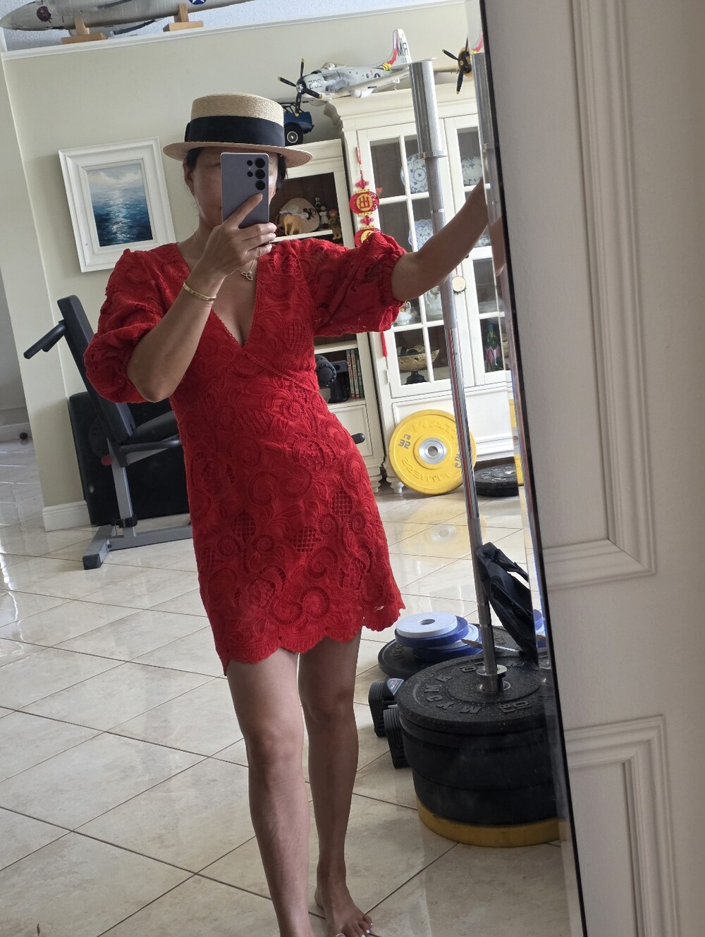 Alexis Red Lace V-Neck Puff Sleeve Mini Dress